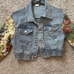 Denim Jacket with Floral Sleeves